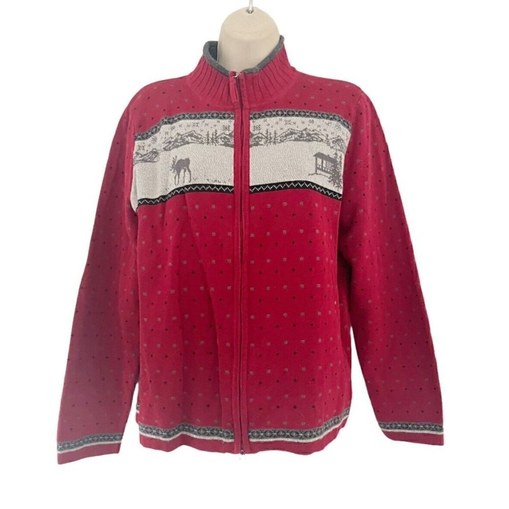 VTG Woolrich Woman's Sz L Full Zip Red Cardigan Sweater Moose Cabin Mountains